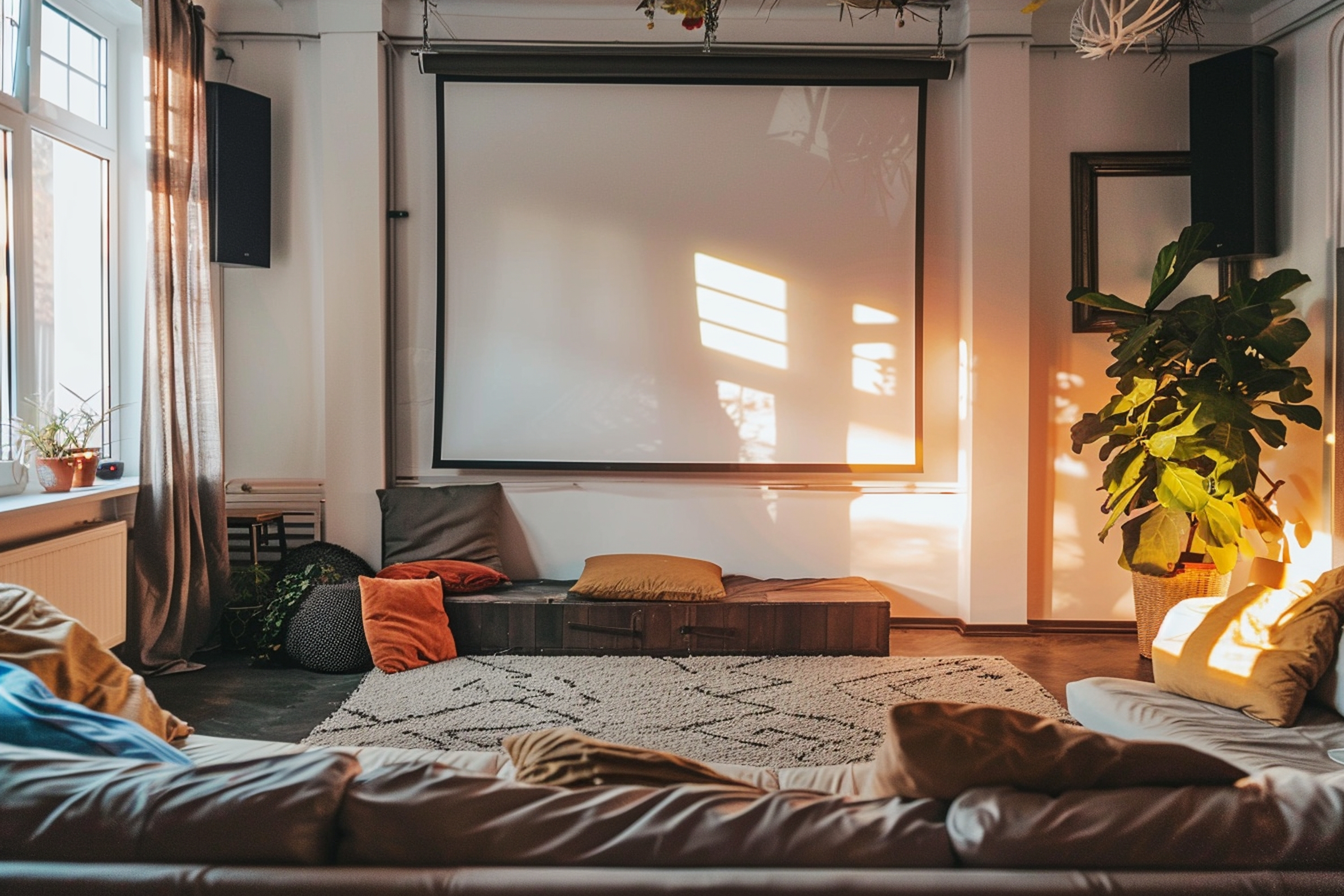 Pi&egrave;ce avec un &eacute;cran de projection pour vid&eacute;oprojecteur